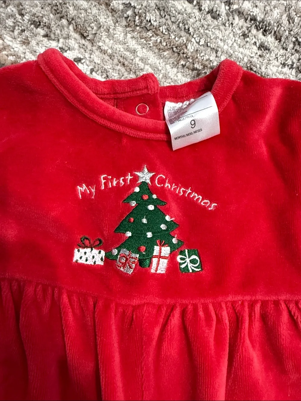 Carter's Red Velvet 'My First Christmas' Romper with Tree Embroidery